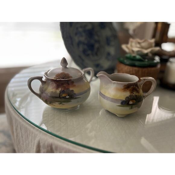 Antique Nippon Sugar & Creamer Set Hand Painted‎ Floral Gold Grandmillennial - Picture 2 of 7